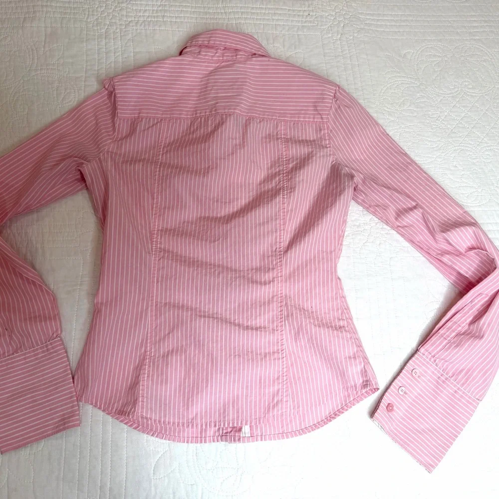 Abercrombie and Fitch AF Superfine Poplin Y2K Button Up Pink White Long Sleeve - Picture 8 of 9